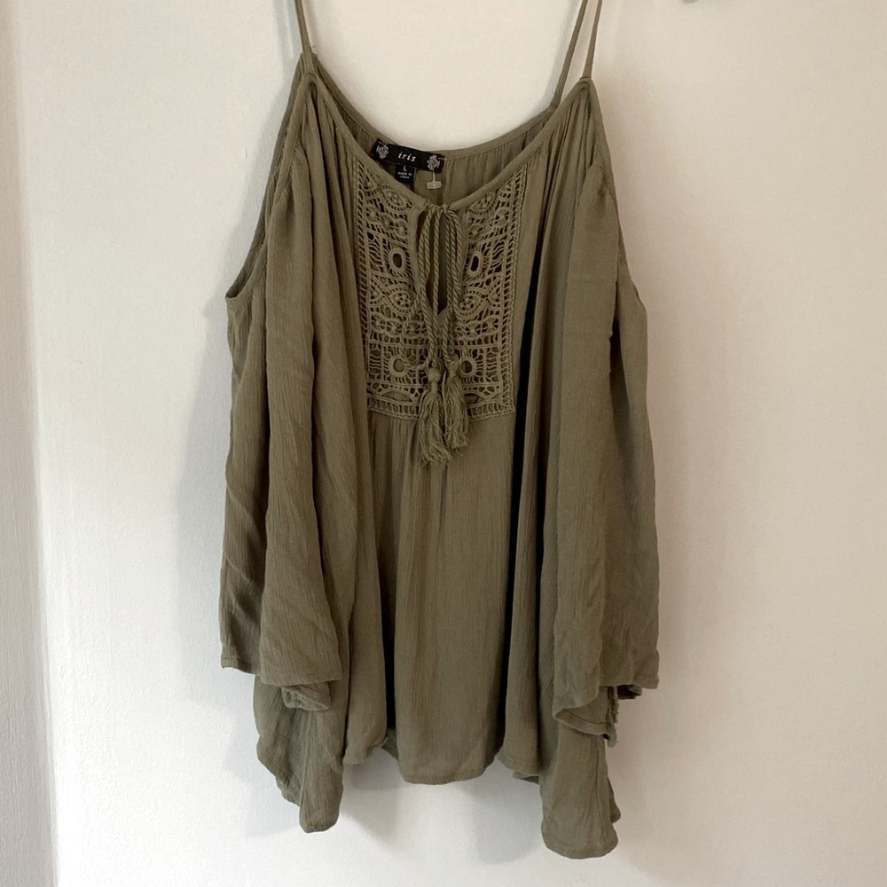 Iris Boho Army Green Quarter Sleeve Off Shoulder Casual Top With Tassels Large